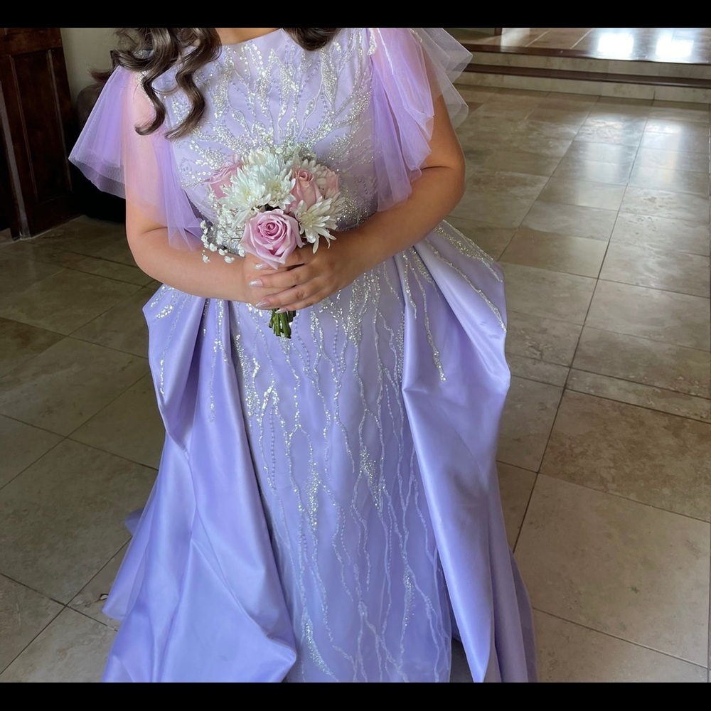 Beautiful custom gown silver beading flowy sleeve